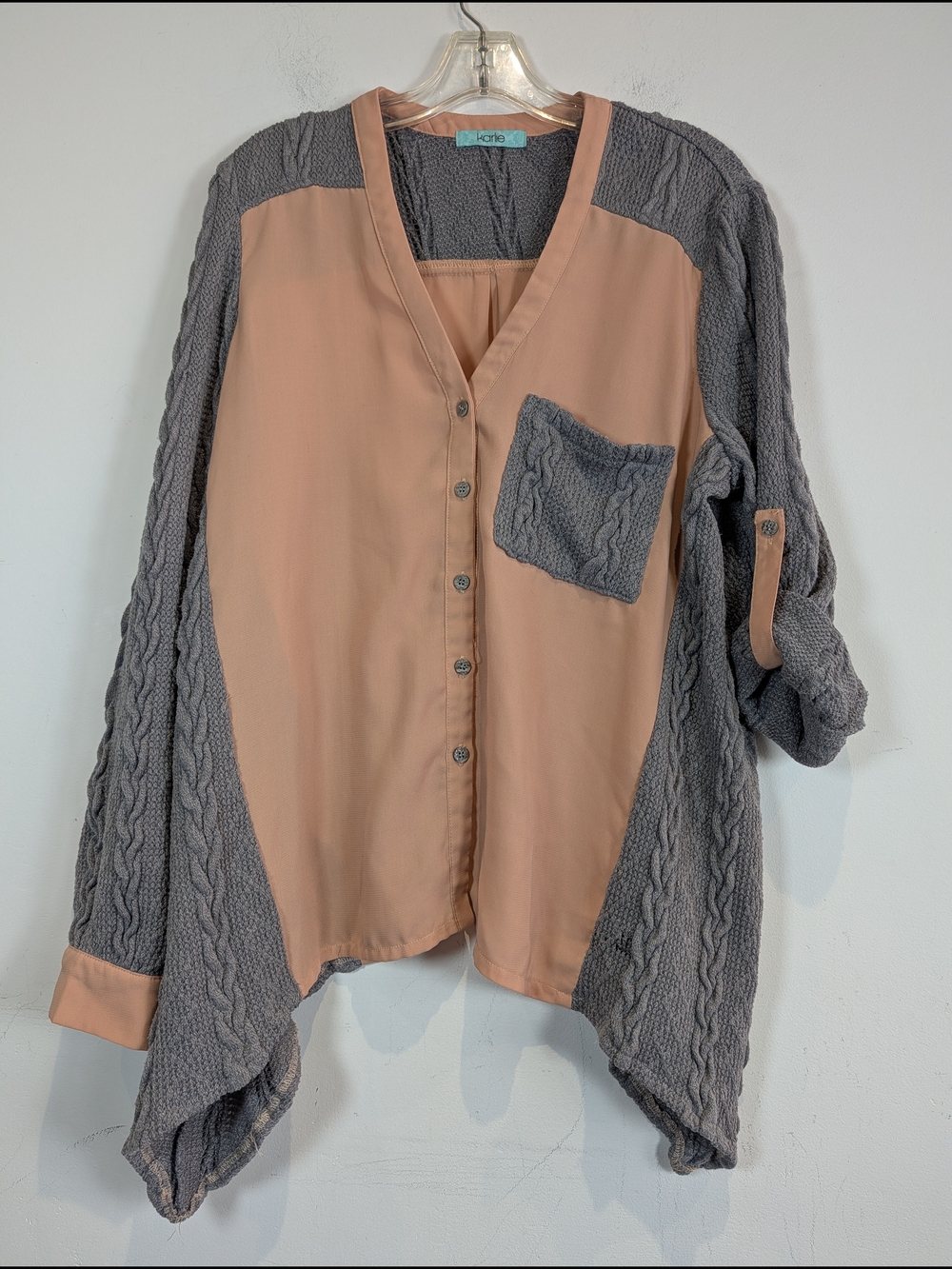 Karlie Peach & Gray Two-Tone Cable Knit Button-Front Cardigan, Size Large